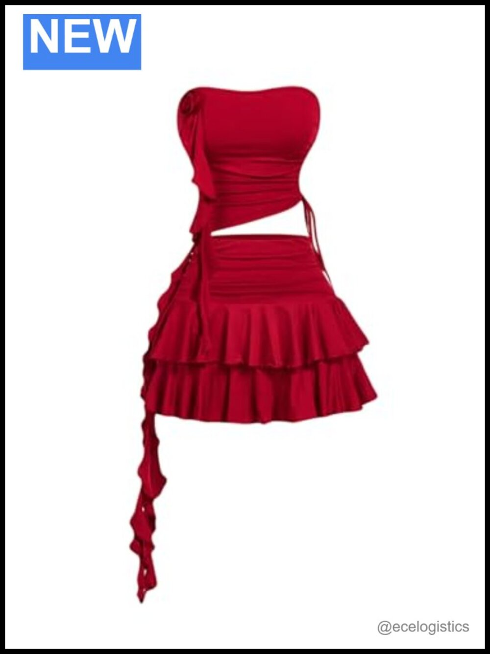 Y2K 2 Piece Skirt Set Ruffle Trim 3D Floral Tube Top Layered Skirt Polyester